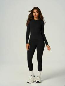 UONNOU Round Neck Long Sleeve Sports Top Paired With Butt-Lifting Yoga Pants, Spring/Summer Activewear Set - Black - View 9