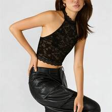 Top corto sexy de encaje con cuello halter floral para mujer, sin mangas, sin espalda, ajustado, para fiesta, club, jacquard - Negro - Ver 2