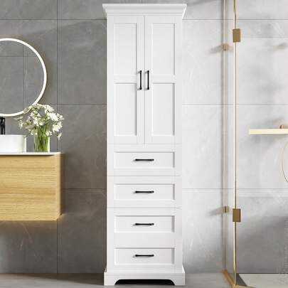 Bathroom Cabinet 57 X 38 X 180 Cm, Made Of MDF, Three Drawers, One Cupboard, Three Adjustable Shelves, Soft-Close Hinges, Black Handles, White