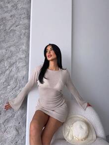 Women's Vacation Minimalist Sheer Long Sleeve Knit Cover Up Beach Dress - Beige - View 8