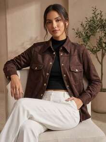 ACME MADE IN CHINA Premium Brown Suede Blouse/Shirt, Elegant Style, Gold Buttons, Chic Style, Winter , Sizes 36-44 - 咖啡店 - 查看 10