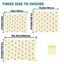 1 tấm trải biển hình quả dứa cỡ lớn, nhanh khô, phù hợp cho 1-3 người lớn - Chất liệu polyester nhẹ và bền - Hoàn hảo cho du lịch, cắm trại, leo núi và thời gian thư giãn trên bãi biển, thảm trải biển, tấm trải đất cắm trại, thảm dã ngoại. - Dứa trên - Xem 3