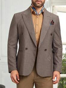 1 pieza Blazer de negocios de corte slim con rayas diplomáticas gris-marrón y doble botonadura para hombres, adecuado para oficina y ocasiones de boda - Café integral - Ver 6