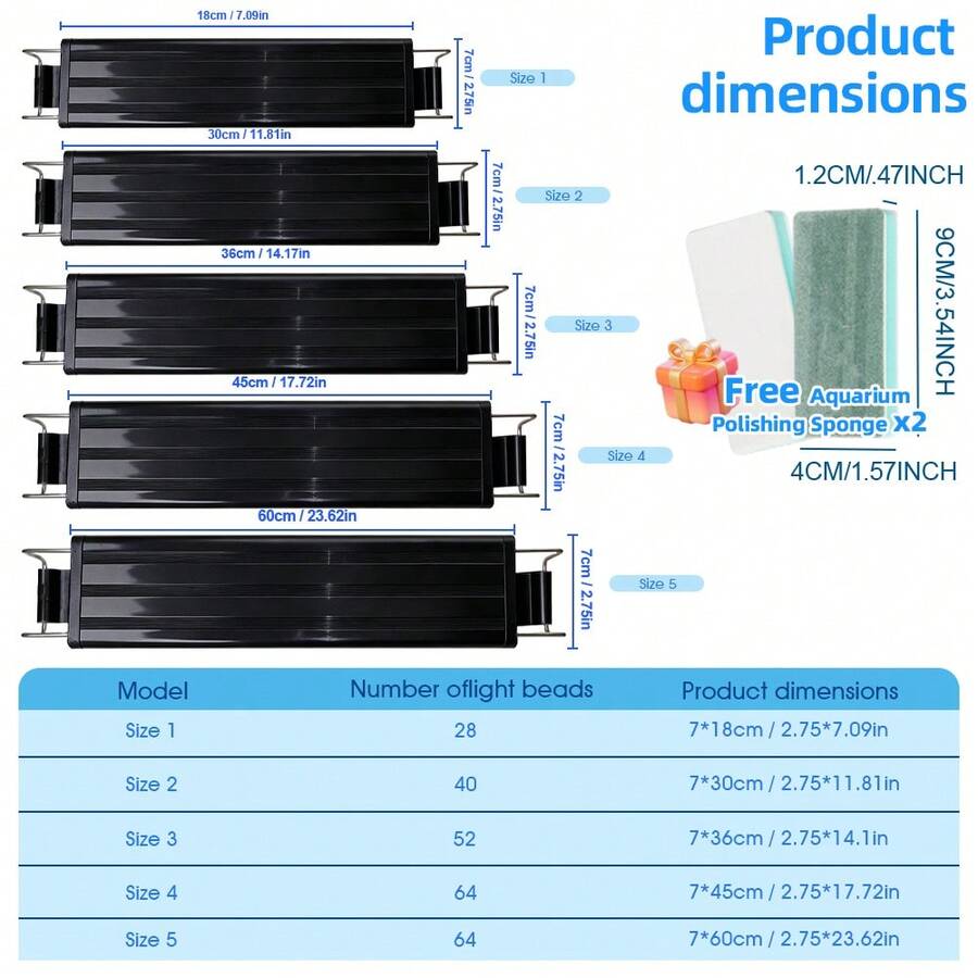 黑色多尺寸水族箱LED灯,带智能定时器,6500K色温,3种调光模式,适用于淡水/海水鱼缸、珊瑚礁和植物照明系统(包含2个清洁刷) - 查看 1