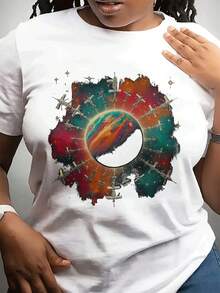 Women's Fashionable Casual Round Neck Spring Festival T-Shirt | Short Sleeve, Lightweight Stretch Fabric, Unique Planet Print Pattern, Suitable For Daily Wear And A Gift For Friends And Family - 白色 - 查看 1