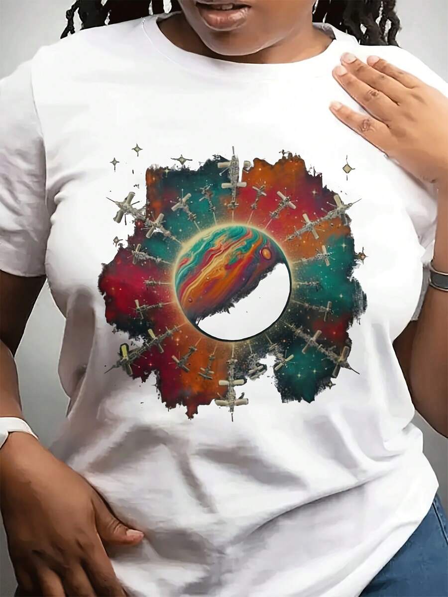 Women's Fashionable Casual Round Neck Spring Festival T-Shirt | Short Sleeve, Lightweight Stretch Fabric, Unique Planet Print Pattern, Suitable For Daily Wear And A Gift For Friends And Family - 白色 - 查看 1
