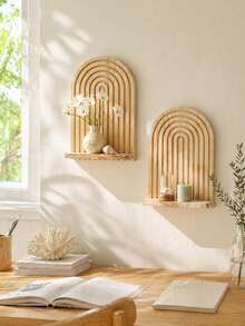 1pc Wooden Arch Top Wall Mounted Shelving Unit, Vertical Bar Design Decorative Display Rack, Modern Home Decor, Suitable For Living Room And Bedroom, Storage Shelf, Can Be Used To Display Decorations - Multicolor - View 3