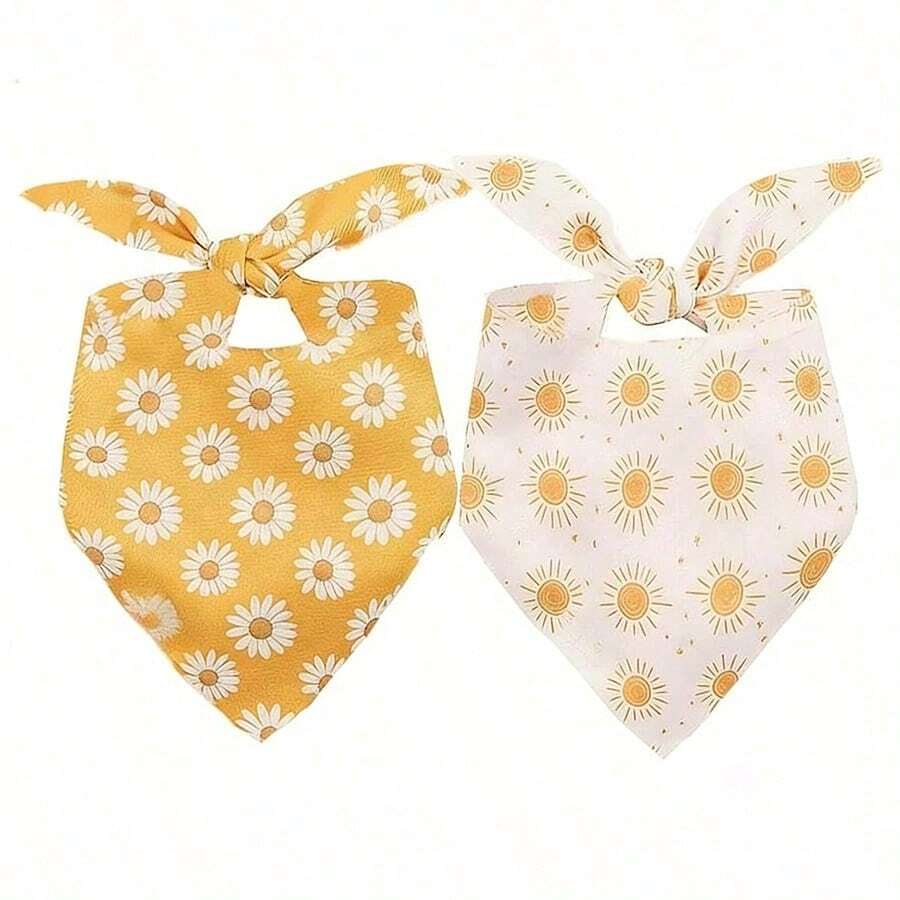2 piezas Pañuelos triangulares lavables con estampado de margaritas y sol para perros y gatos pequeños y medianos - Multicolor - Ver 1