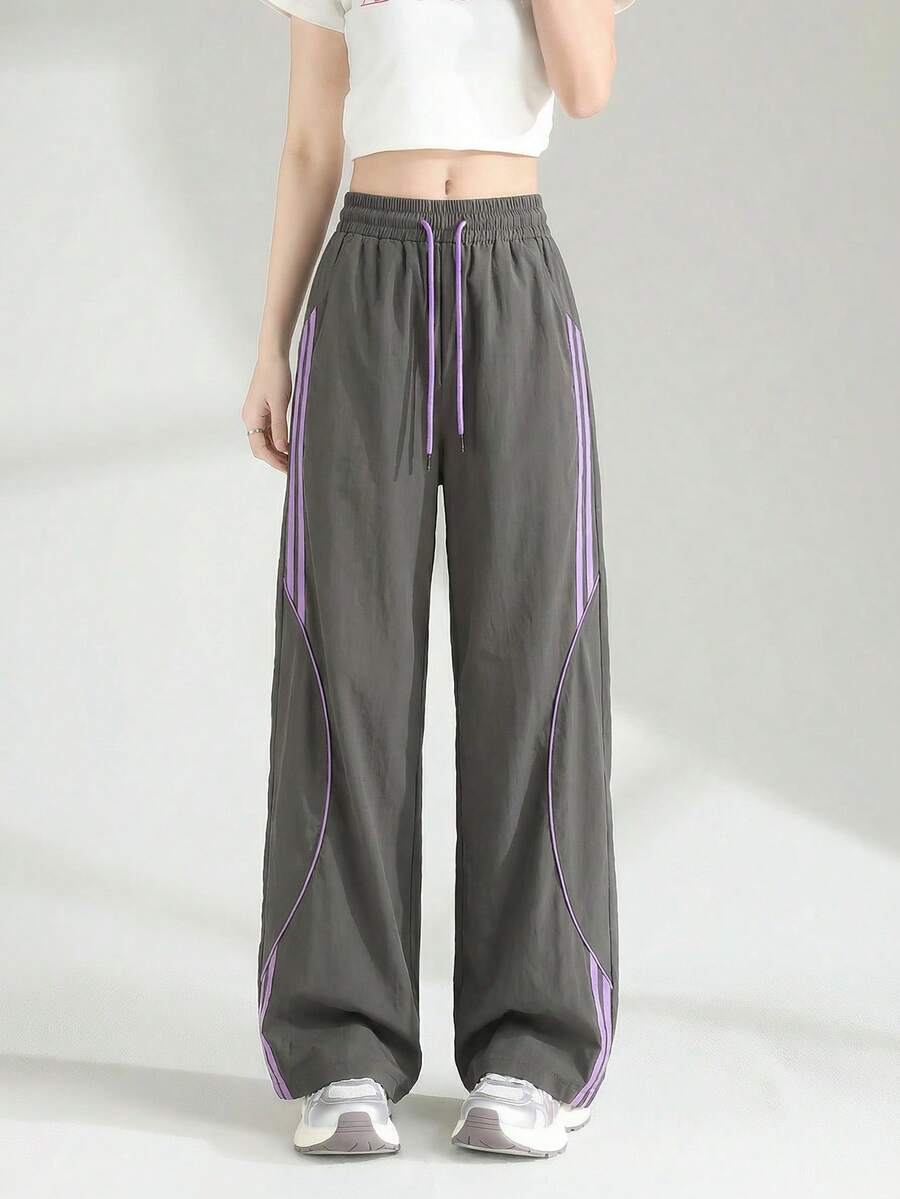 JUTU Frühling/Sommer/Herbst Zweifarbige Gerade Bein Locker Sitzende Lässig Hose, Funktionaler Sportlicher Stil Mit Kordelzug Taschen, Modischer Kontrastfarben Nahtenstich - 0A89 Rauchgrau und Lila - Übersicht 1