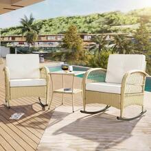 3-Piece Rattan Garden Furniture Set / Balcony Furniture Set For 2 People / 3-Piece Outdoor Seating Group / With 2 Rocking Chairs, Table, Cushions / Load Capacity 160 Kg / For Terrace Balcony, Beige - Beige - View 1