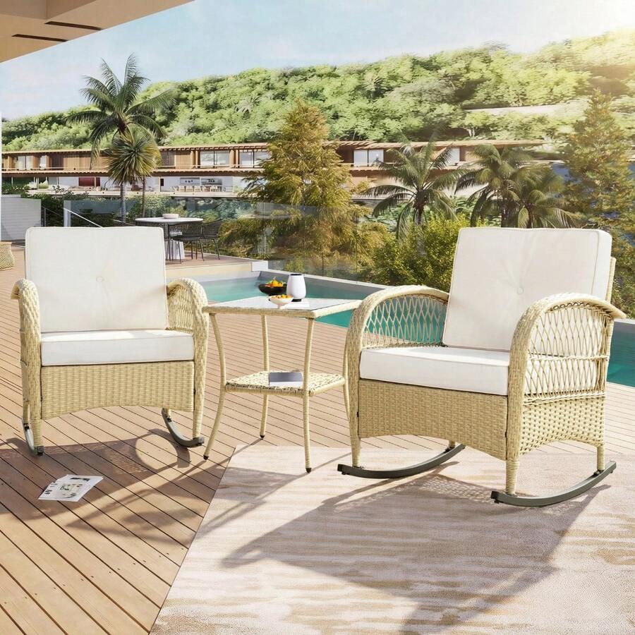 3-Piece Rattan Garden Furniture Set / Balcony Furniture Set For 2 People / 3-Piece Outdoor Seating Group / With 2 Rocking Chairs, Table, Cushions / Load Capacity 160 Kg / For Terrace Balcony, Beige - Beige - View 1