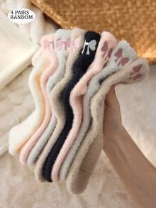 2/4 Pairs White Fluffy Ankle Socks For Women, Bow Pattern, Warm & Comfortable, Suitable For Autumn/Winter, Random Color - Multicolor - View 13
