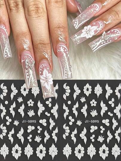 Self-Adhesive 5D Embossed Flower Nail Stickers, White Floral & Petal Decals, Elegant Nail Art Stickers For Nude, French & Romantic Manicure, Ideal For Home & Salon Use
