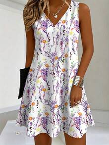 Vestido casual feminino plus size com estampa floral, decote em V e sem mangas, adequado para férias, elegante, de verão - Roxa - Ver 1