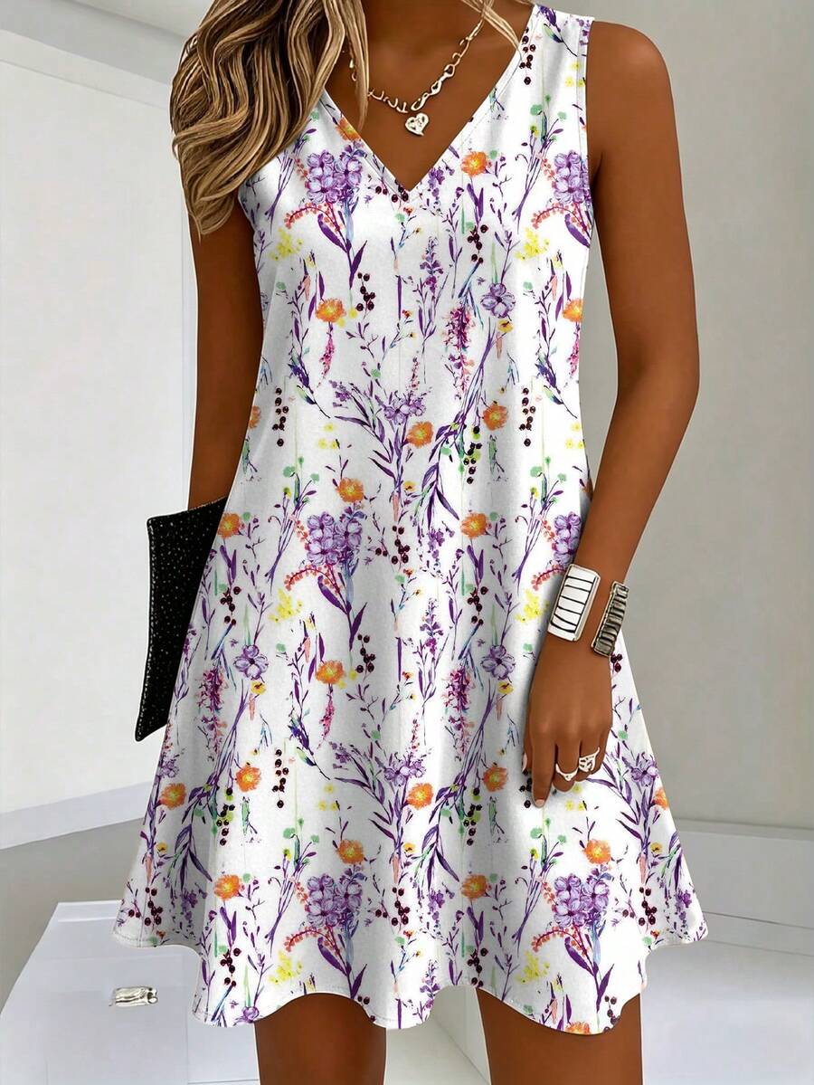 Vestido casual feminino plus size com estampa floral, decote em V e sem mangas, adequado para férias, elegante, de verão - Roxa - Ver 1