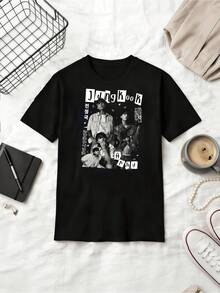 Jeon  Black White Magazine Style Retro Cotton Summer Short Sleeve T-Shirt - Black - View 1