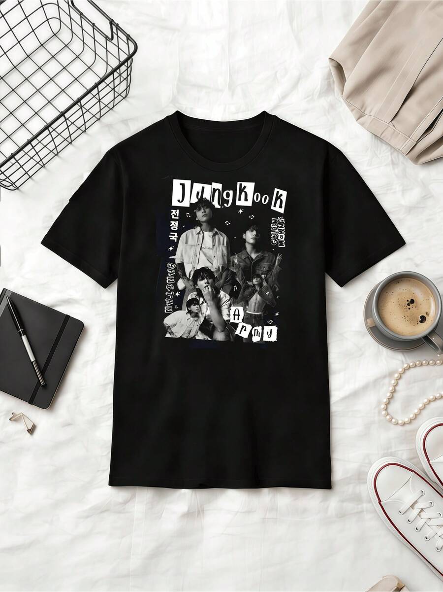 Jeon  Black White Magazine Style Retro Cotton Summer Short Sleeve T-Shirt - Black - View 1