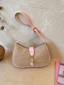 Fashionable Casual Woven Straw Underarm Baguette Bag For Women, Summer - Pink - View 9