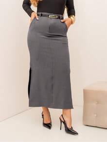 Women's Fashion Long Straight Linen Skirt In Two Colors With Black Belt. The Fabric Is Superior To Tailored Women's Fashion With A Side Slit, Button Closure, Zipper, And Side Pockets. Elegant And Casual. - 深灰色 - 查看 3