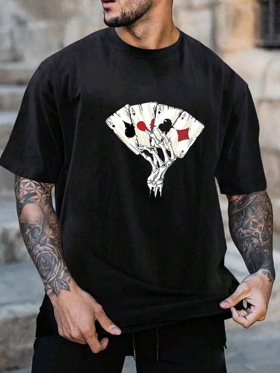 Men's Poker Print T-Shirt - Black - View 1