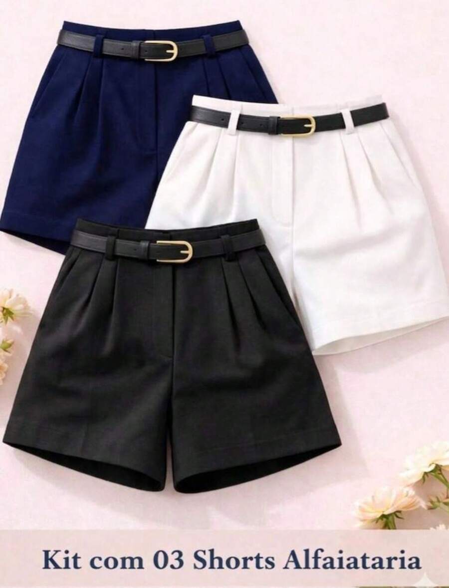 Set Of 3 Elegant Women's Tailored Shorts With Belt - 藍/白/黑 - 查看 1