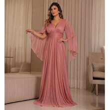 Luxury Long Dress With Flowing Sleeves And Deep Neckline – Timeless Elegance And Sparkle For Parties* - Màu hồng gỉ - Xem 2