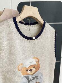 Chaleco deportivo de punto con gráfico de oso de peluche lindo, cuello redondo con ribete de contraste, sin mangas, suéter casual de verano - Caqui - Ver 4