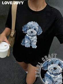 Áo thun nữ LOVE JOYY cổ tròn kiểu dáng mới, họa tiết chó và denim, đính ngọc trai, tay ngắn, thích hợp cho đi học, ở nhà, mặc hàng ngày, mùa xuân/hè. - màu đen - Xem 3