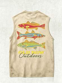 Men's Casual Summer Washed Cotton T-Shirt Old Row Outdoor Fish Print, Round Neck Short Sleeve Lightweight Knitted Fabric, Rib Details 100% Cotton - 米色背心 - 查看 2