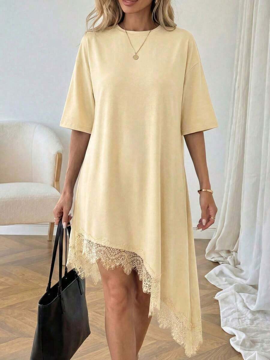 Vestido casual para mujer color negro, manga corta, cuello redondo, diseño holgado, dobladillo asimétrico con encaje decorativo, tejido de algodón transpirable, estilo básico y versátil, ideal para uso diario, vacaciones, salidas casuales, brunch, paseos y actividades relajadas en primavera y verano - Amarillo claro - Ver 1