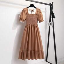 Primavera Verano Vestidos de gasa moda femenina cintura elástica manga corta plisado vestido Casual mujeres A-line Vestidos - Negro - Ver 3