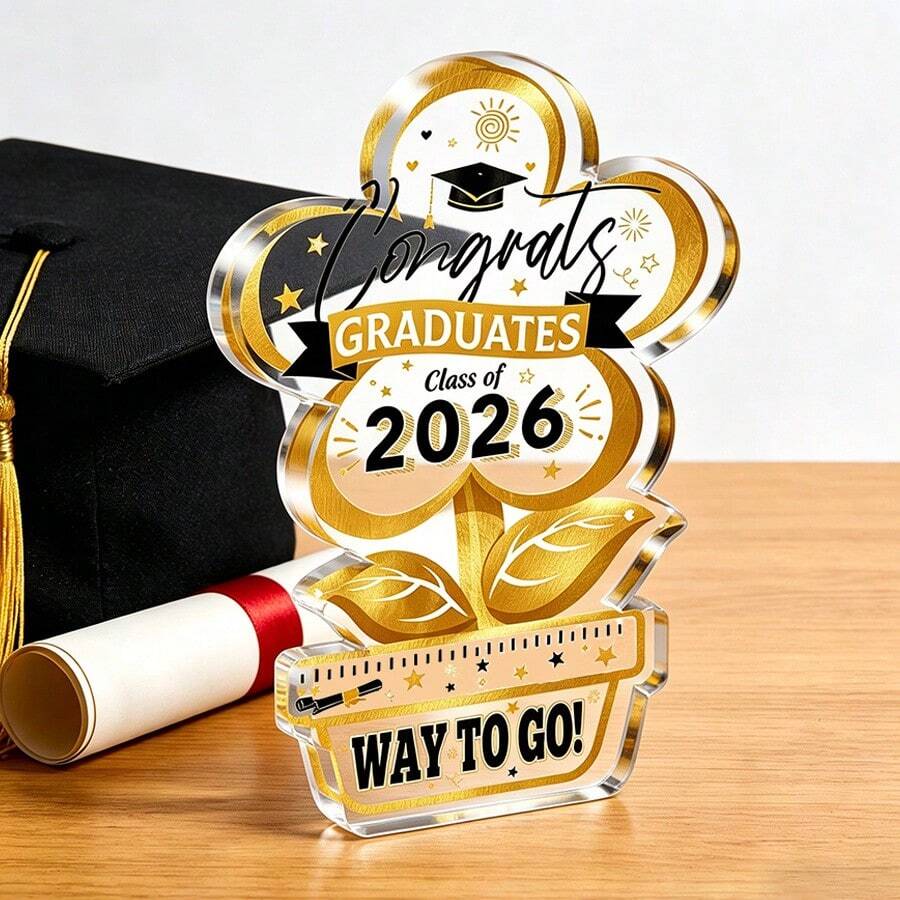 2026届毕业生祝贺花卉亚克力牌匾，金色和黑色桌面装饰，学生毕业纪念礼物，“干得好！”亚克力支架，适用于家庭和办公室，毕业派对装饰，理想的毕业礼物，轻巧可爱的毕业纪念品 - 花朵形狀 - 查看 1