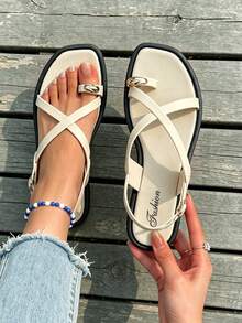 Sandal nữ mùa hè, sandal nữ thanh lịch, sandal bệt, sandal quai xỏ ngón, sandal khóa cài điều chỉnh, sandal mùa hè [nhỏ hơn 3 size] sandal trắng, sandal nữ, giày mùa hè nữ, sandal bệt nữ, sandal nữ thoải mái, sandal đi biển nữ - Màu be - Xem 2