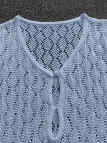 Femmes Couvre-maillot à manches longues en maille transparente avec décolleté en V, nœud papillon et boutons crochetés. Robe de plage moulante en tricot mini sexy unie, printemps/automne - Bleu azur - Voir 10