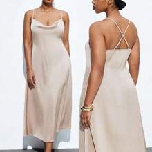 Maija Plus Size Apricot Draped Neck Satin Shiny Elegant Party Slip Dress, Outfit Deas For Fashionable For Business Casual Spring To Summer Spring Outfit Womenvalentine's Day Carnival Fasching Women Costume Party Beach Wedding Vacation Casual Women Easter Summer Outfits Easter Dress Women Party Top Beach Dress Summer Holiday Outfits Each Vacation Outfits For Women  Summer Outfit For Women Going Out Outfits Graduation Graduation Outfit  Casual Dresses  Casual Blouses For Women Elegant Women's Blou - Albaricoque - Ver 3