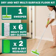 Sweeper Mop, Dry &Amp; Wet 2-In-1 Floor Mopping And Sweeping Kit, Includes 51" Sweeper Handle, 6 Heavy Duty Dry Cloths, 2 Reusable Wet &Amp; Dry Pads For  Sweeper, Dust Mop - White - 查看 2