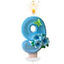 创意畅销0-9数字字母生日蜡烛，手工DIY生日蛋糕，节日主题派对装饰蜡烛，浅蓝色、绿色蝴蝶花、桃花、闪光、彩色绘画，优雅，婚礼，生日庆祝，周年纪念派对蜡烛 - 淺藍色三花拼蝴蝶 - 查看 21