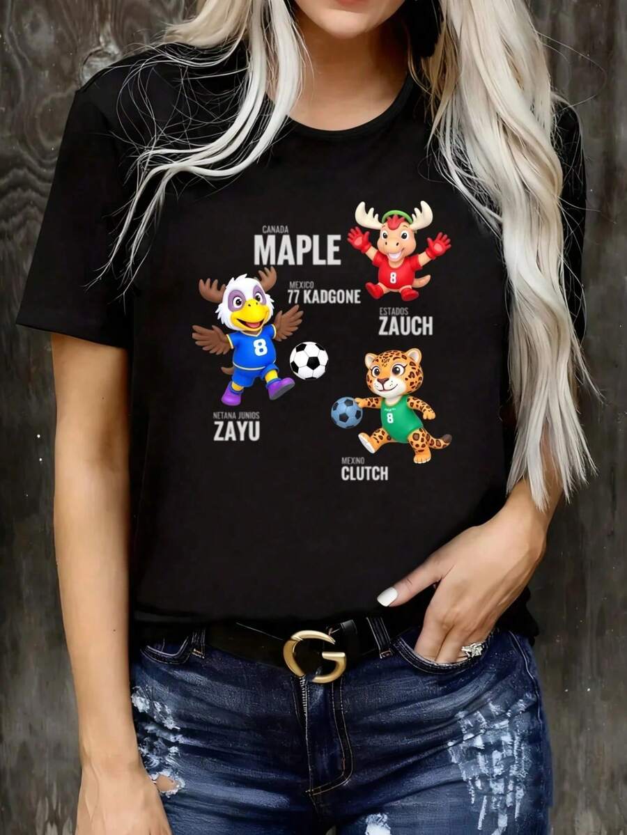 Colorful Mascots Representing The Sporting Union Of Canada, Mexico, And The United States With Symbols Of Strength, Joy, And Soccer Spirit. Women's T-Shirt For The 2026 World Cup, Modern And Comfortable. - 黑色 - 查看 1
