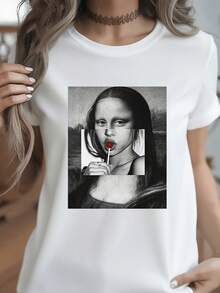 Women's Casual T-Shirt - Mona Lisa Print T-Shirt - Classic Art, Casual Crew Neck - Breathable, Lightweight And Comfortable, Suitable For Spring And Summer Wardrobes - 白色 - 查看 12
