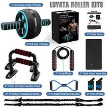 Rueda de rodillo abdominal kit de ruedas de ejercicio 10 en 1 con bandas de resistencia alfombrilla de rodilla cuerda de saltar barra de flexión equipo de gimnasio en casa para hombres y mujeres - Azul - Ver 4