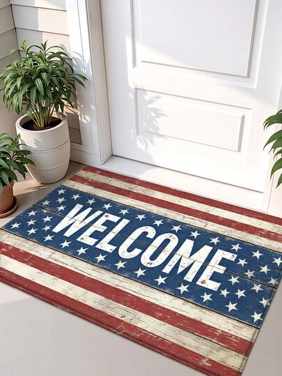 1 pieza Felpudo de bienvenida con bandera americana, alfombra de pasillo, alfombra multicolor con estrella y bandera de la independencia, adecuada para baño, cocina, exterior, interior, pasillo, dormitorio, sala de estar, lavable, base antideslizante, alfombra decorativa para dormitorio, habitación minimalista japonesa, baño festivo, alfombra decorativa, accesorios de baño, alfombra decorativa para exteriores