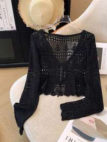 2026 New Sweet Style Sunscreen Cardigan, Hollow Crochet V-Neck With Ties, Short Long-Sleeve Top - Red/ - View 4