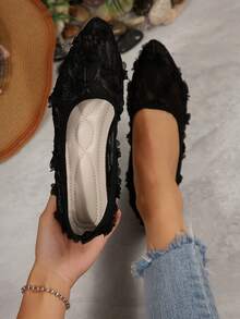 Elegant Pointed Toe Women's Flat Shoes, Knitted Casual Ballet Shoes, Plus Size Comfortable Slip-On Loafers, Suitable For Summer, Spring, Autumn, Versatile Bohemian Style Lace-Up Flat Shoes, Casual Walking Shoes, Slouchy Shoes, Chinese Style Flat Moccasins - Black - View 1
