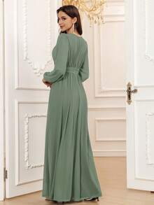 Elegant A-Line Round Neck Long Sleeve Floor-Length Chiffon Bridesmaid Dress, Wedding Guest Dress, Unlined Sleeves Spring - Eucalyptus - View 3