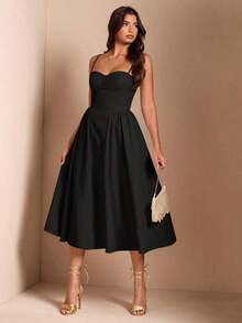 Elegante vestido largo sin mangas con manga abultada para mujer, adecuado para citas diarias, salidas, discotecas, fiestas, temporada de otoño - Negro - Ver 8
