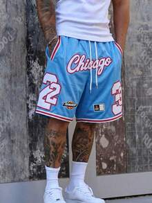 Men's Mesh Chicago 23 Letter & Number Print Casual Sports Shorts With Drawstring, Suitable For Spring/Summer - Baby Blue - View 1