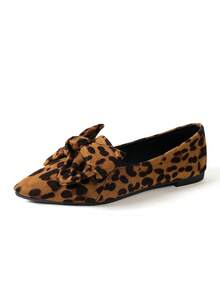 Vintage Leopard Print Bow Shoes, Pointed Toe Slip-On Loafers, Unique Design Casual Shoes, Fashion - Leopard - View 7