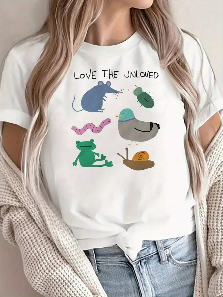 Women's 1pc White T-Shirt - Love Or Hate Forgotten Creatures Pattern T-Shirt (Rat, Snail, Frog) - Soft Casual Top For Casual Wear, Short Round Neck, Suitable For Animal Lovers And Retro Fashion, Women's T-Shirt, All Season Wear - 白色 - 查看 1