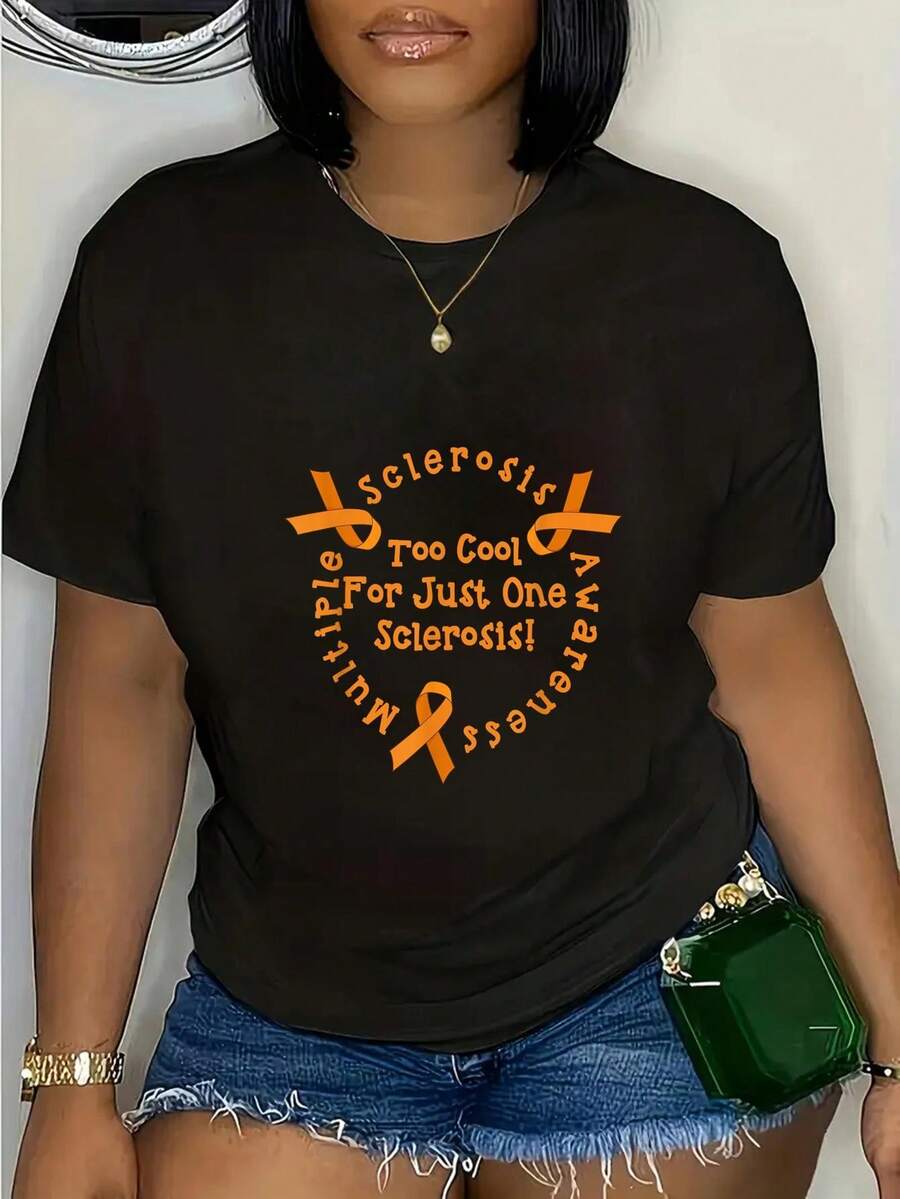 Women's MS Awareness T-Shirt - MS Warrior Support T-Shirt With Orange Ribbon Design, Plus Size Short Sleeve Crew Neck Casual Top, Machine Washable, Suitable For MS Charity Walks, Gifts For MS Patients And Caregivers - 黑色 - 查看 1