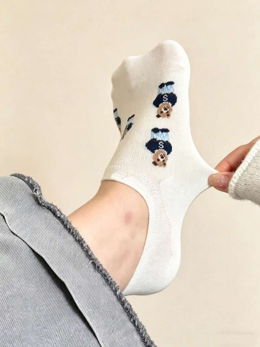 5雙女款熊圖案隱形船襪,春夏款,多功能,適合各種日常風格,面料細膩柔軟,親膚不刺激腳部;面料均勻分佈透氣孔,春夏穿著時吸汗,防止腳部不適。有效減少腳汗異味,避免長期穿著時悶腳 - 彩色 - 查看 1